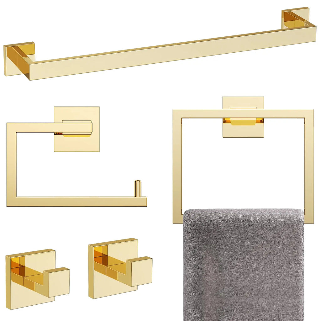 Brushed Gold Bathroom Hardware Accessorie Set 23.6 Inch Towel Bar Set 5-Pieces Towel Rack&Holder Set for Bathroom,Upgraded Toilet Paper Holder with Shelf,Stainless Steel Wall-Mounted