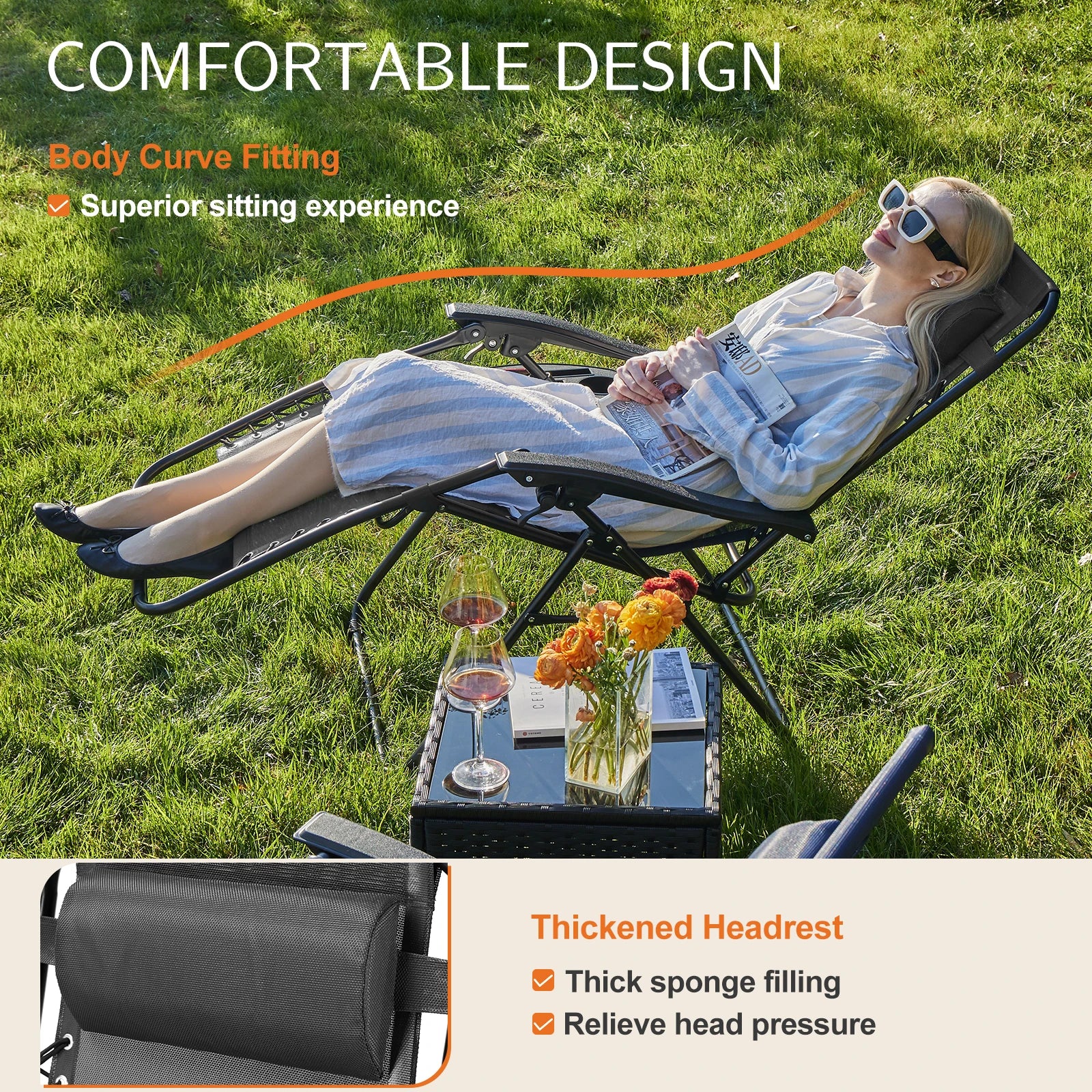 Zero Gravity Portable Recliner Camping Patio Lounge Chair with Cup Holder Trays Adjustable Pillow