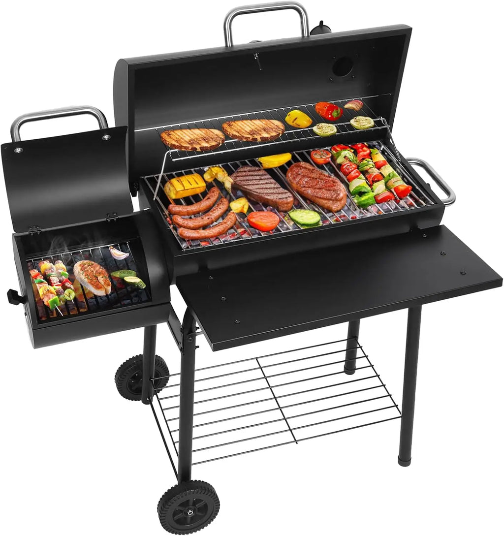 Spacious Barrel Charcoal BBQ Grill with Offset Smoker - Perfect for Outdoor Backyard, Camping, and Parties