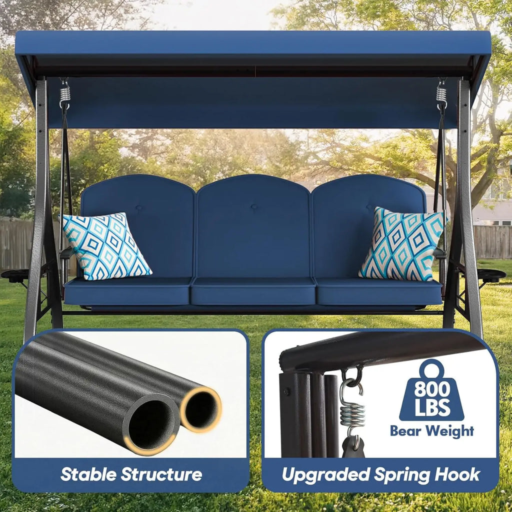 3 Seat Outdoor Porch Patio Swing with Stand 800lbs, 2-in-1 Convertible Swing Bed