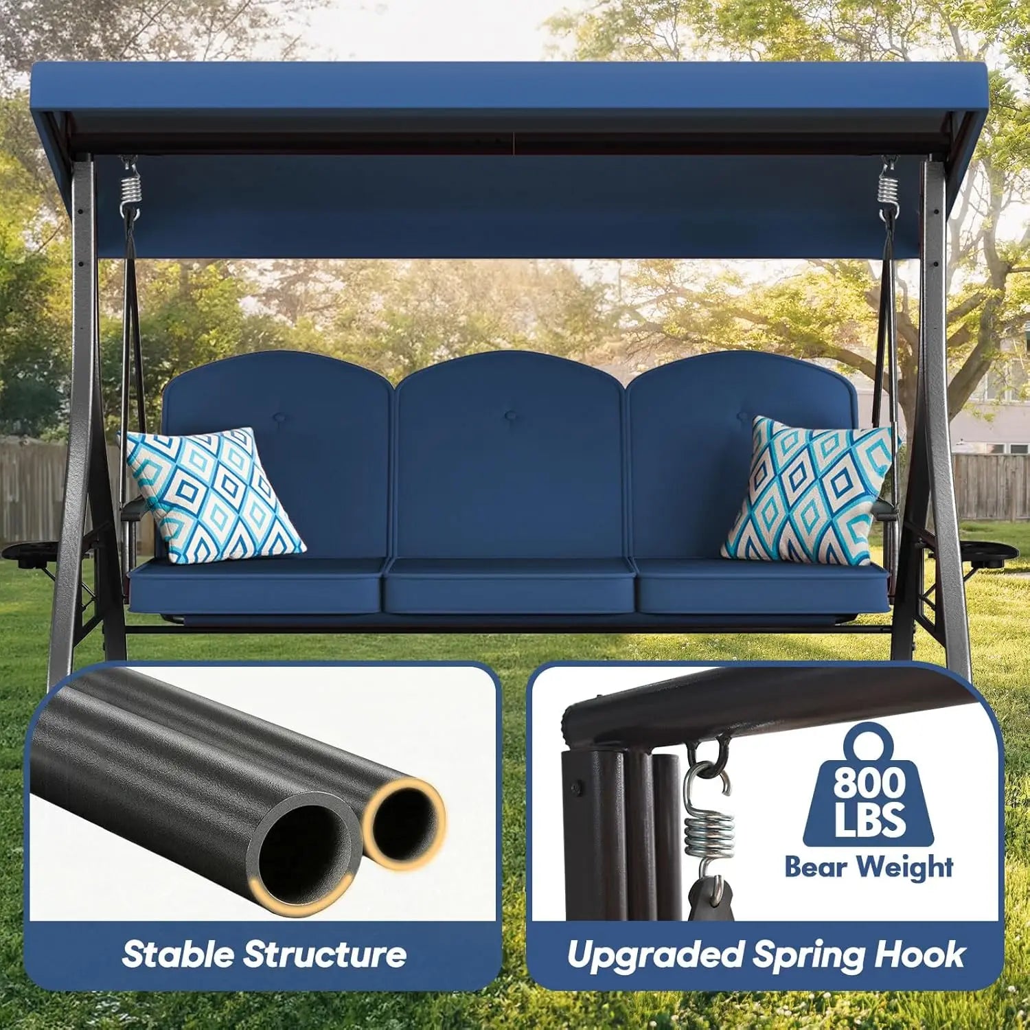 3 Seat Outdoor Porch Patio Swing with Stand 800lbs, 2-in-1 Convertible Swing Bed