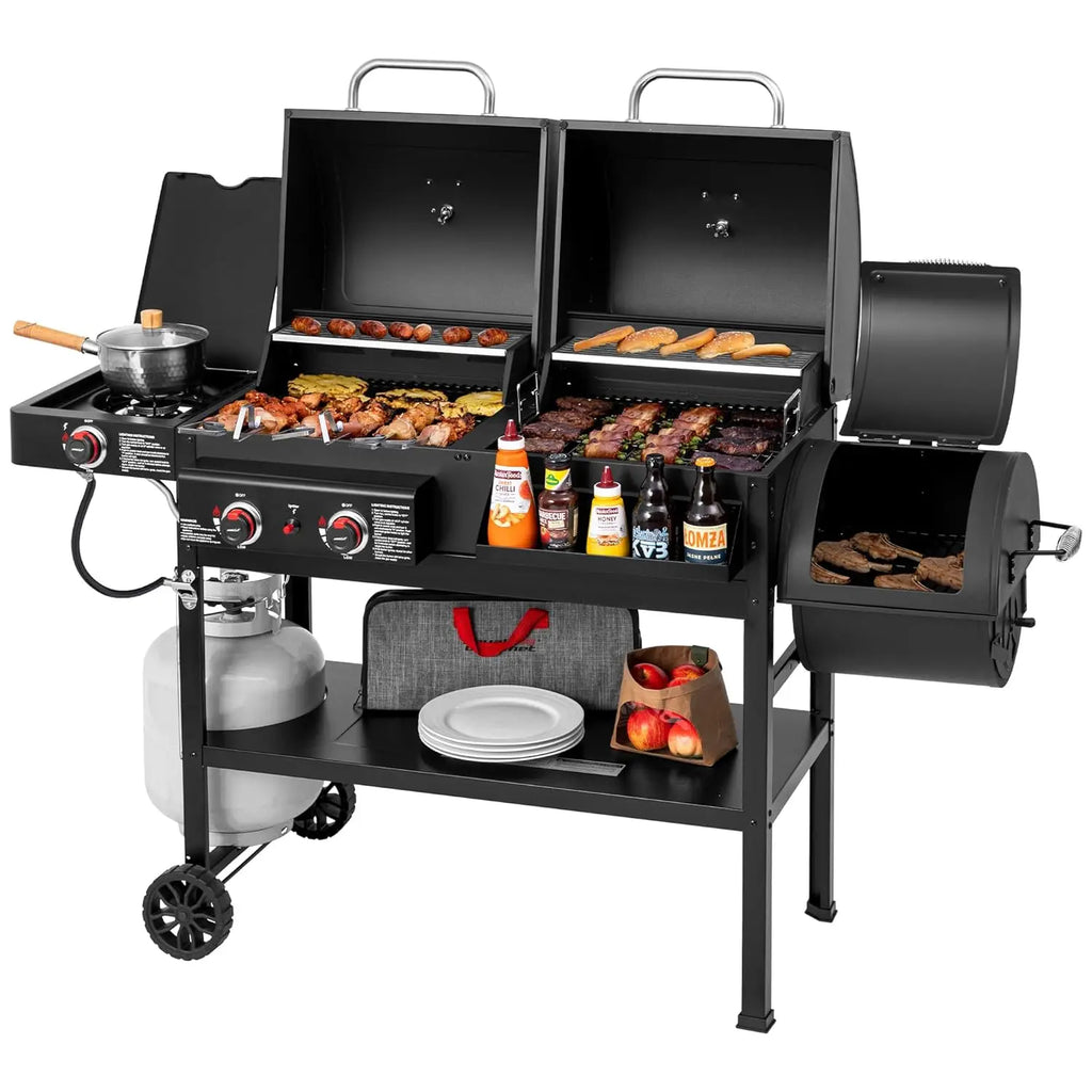 2-Burner Gas and Charcoal Combo Grill with Offset Smoker & Side Burner, 34,000 BTU Dual Fuel Grill, 1020 Sq. In.