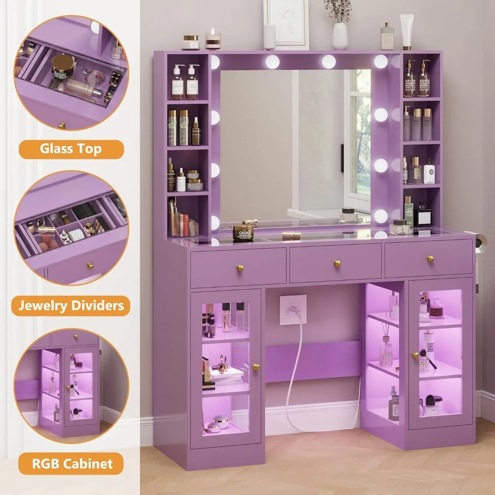 Glass Top Vanity with Lighted Mirror & RGB Glass Cabinet and 3 Drawers