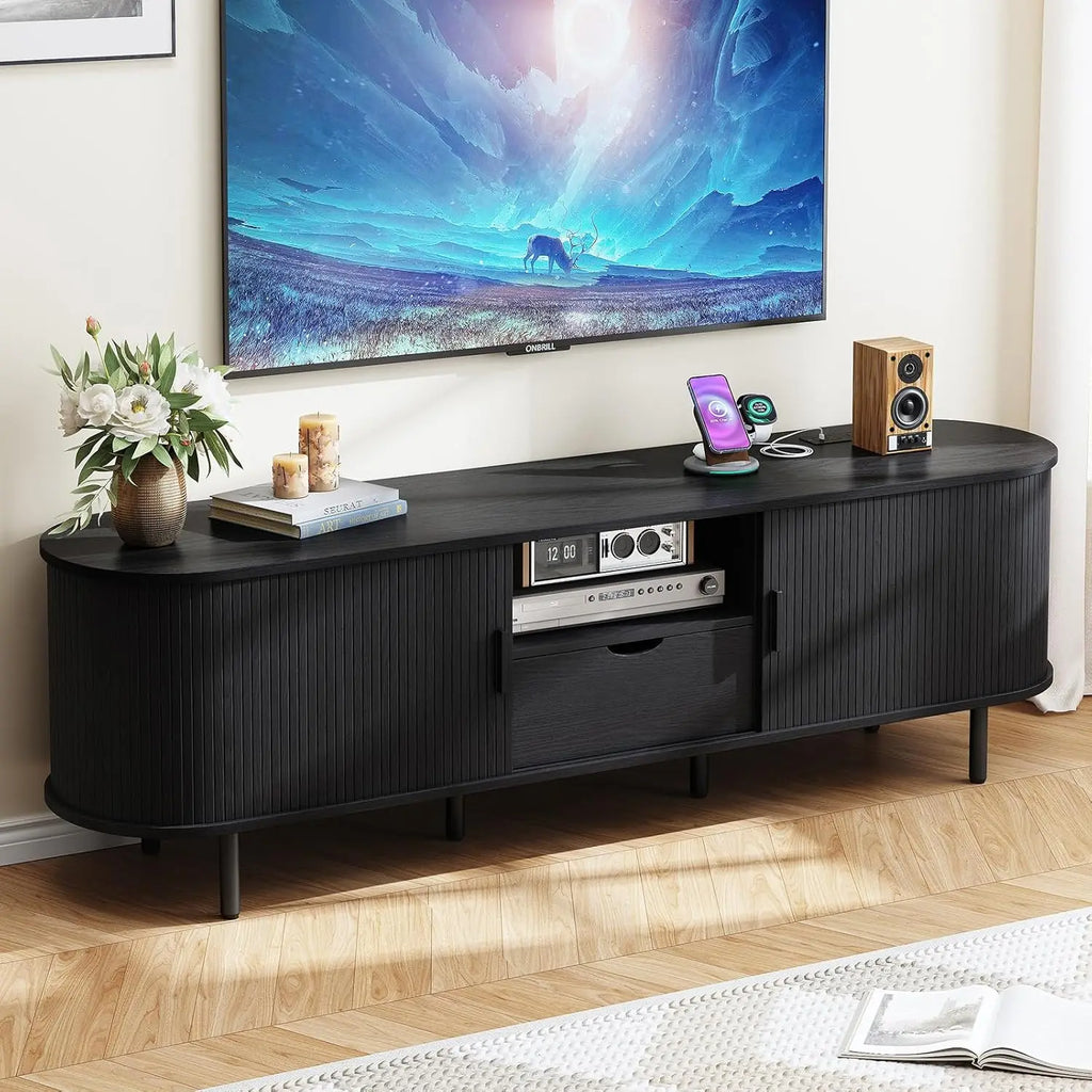 69" TV Stand w/ Power Outlet for TVs up to 80", Entertainment Center w/ Storage & Drawer, TV Console w/ Adjustable Shelves