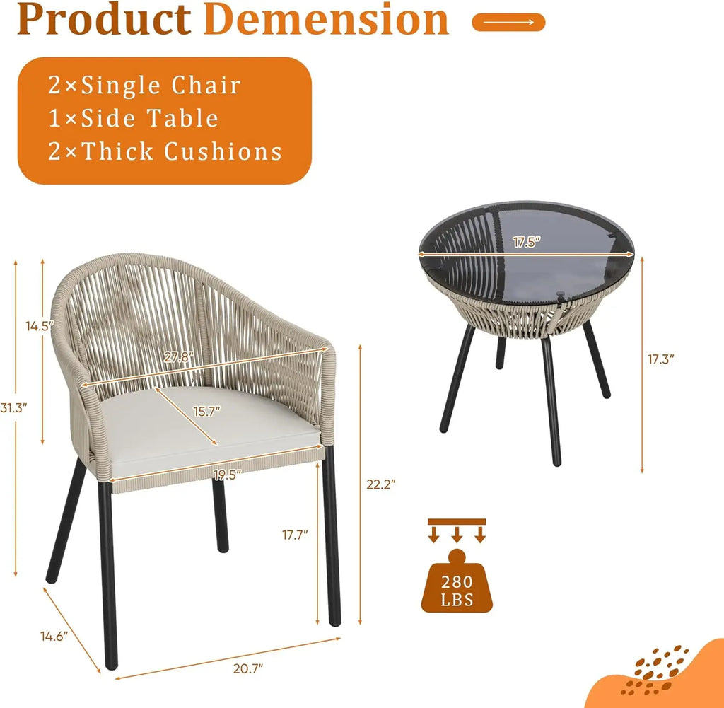 3 Pcs Rope Woven Bistro Set with 2 Wide Chairs, Cushions and Tempered Glass Table