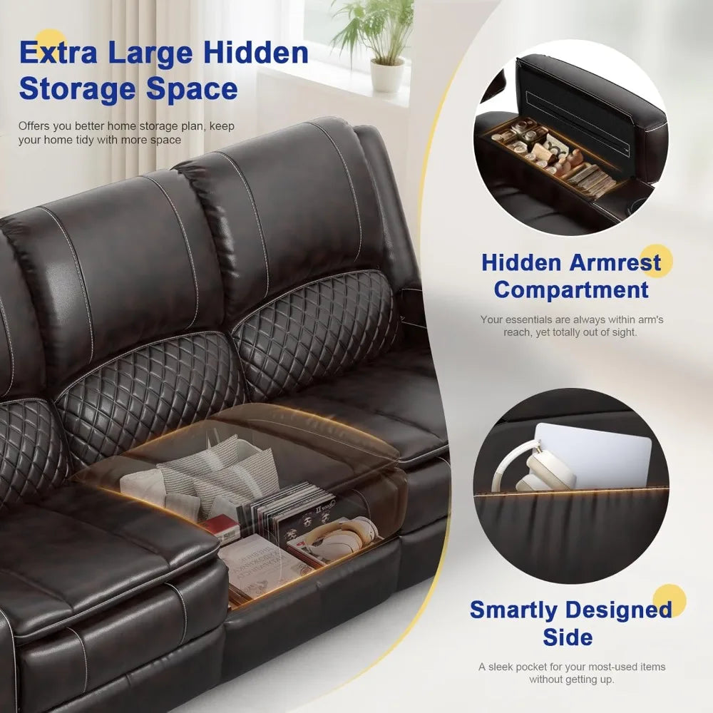 3 Seater Recliner Sofa with Liftable Console, USB Ports & Cup Holders
