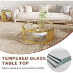 3 Piece Living Room Table Set with 1 Glass Coffee Table and 2 End Tables, 2 Tier Glass Coffee Table Set of 3 with Round Stainles