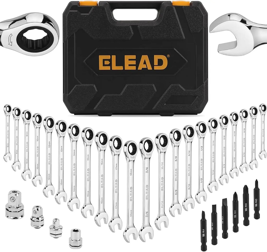 33-Piece Ratchet Wrench Set with SAE & Metric Sizes, 72-Tooth Gear, CR-V Steel, and Organizer Case for Mechanics & DIY