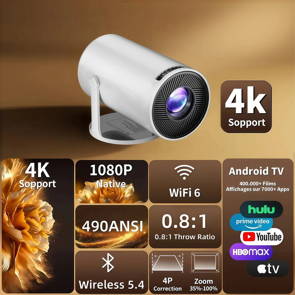 Smart projector with Android 11 system, Wi-Fi 6/Bluetooth 5.2, suitable for movie streaming and enhanced gaming experience