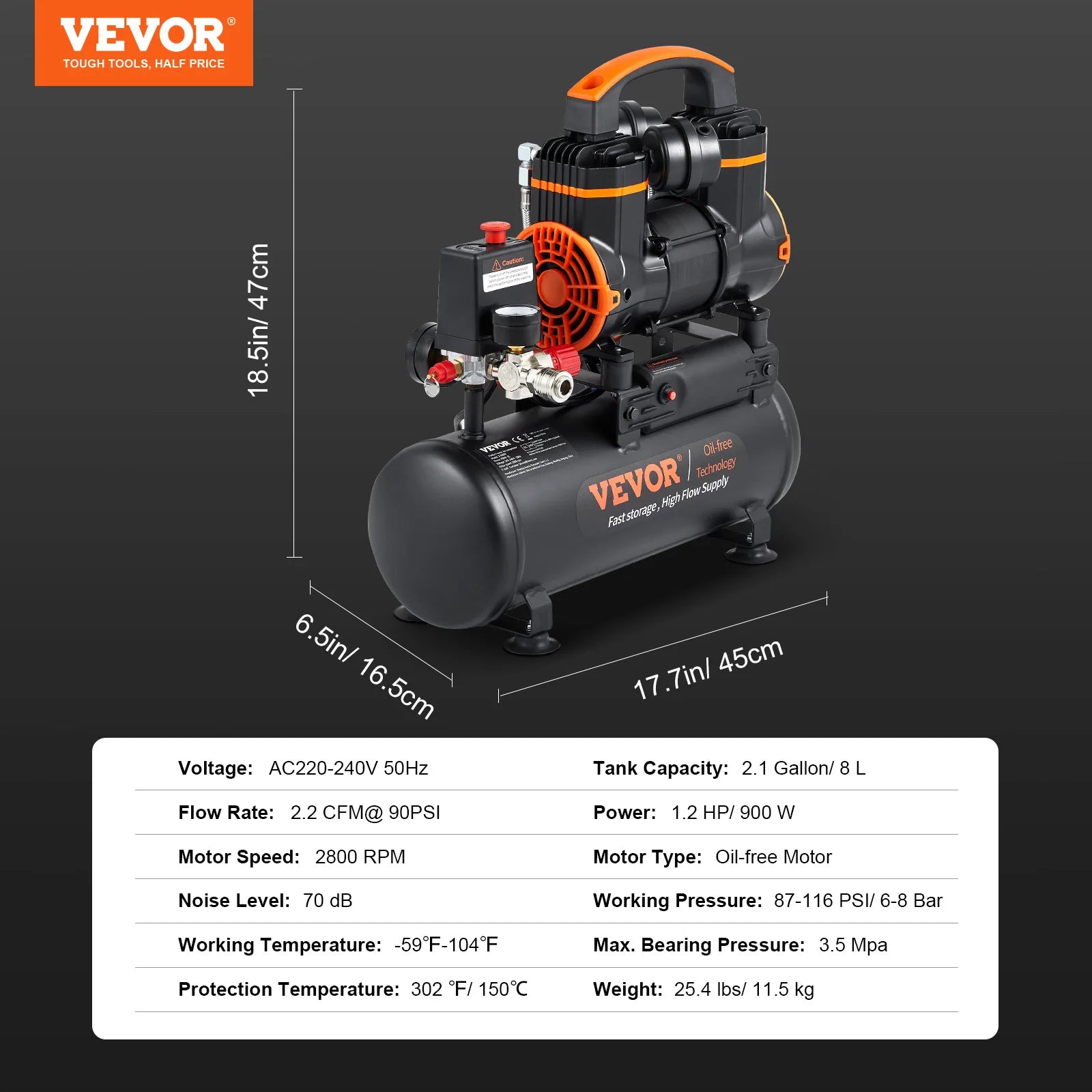 900W 1450W 1800W Quiet Oil-free Portable Air Compressor