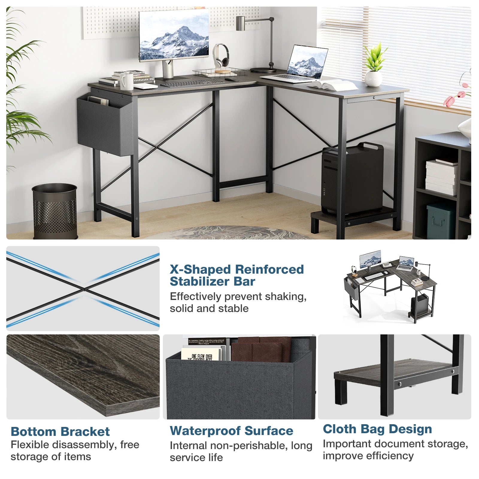 50 Inch Office Writing PC Wooden Table with CPU Storage Shelf & Side Bag for Home Office Bedroom Small Space