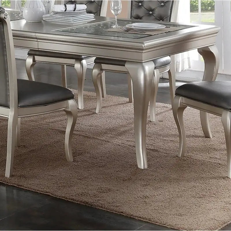 7pc Rect. Glass Dining Table Set w/ Silver Hue & 6 Tufted Side Chairs for Dining Room