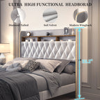 Queen LED Bed Frame with Storage, Star Projector, Charging Station, 2-Tier Headboard, PU Leather Bed