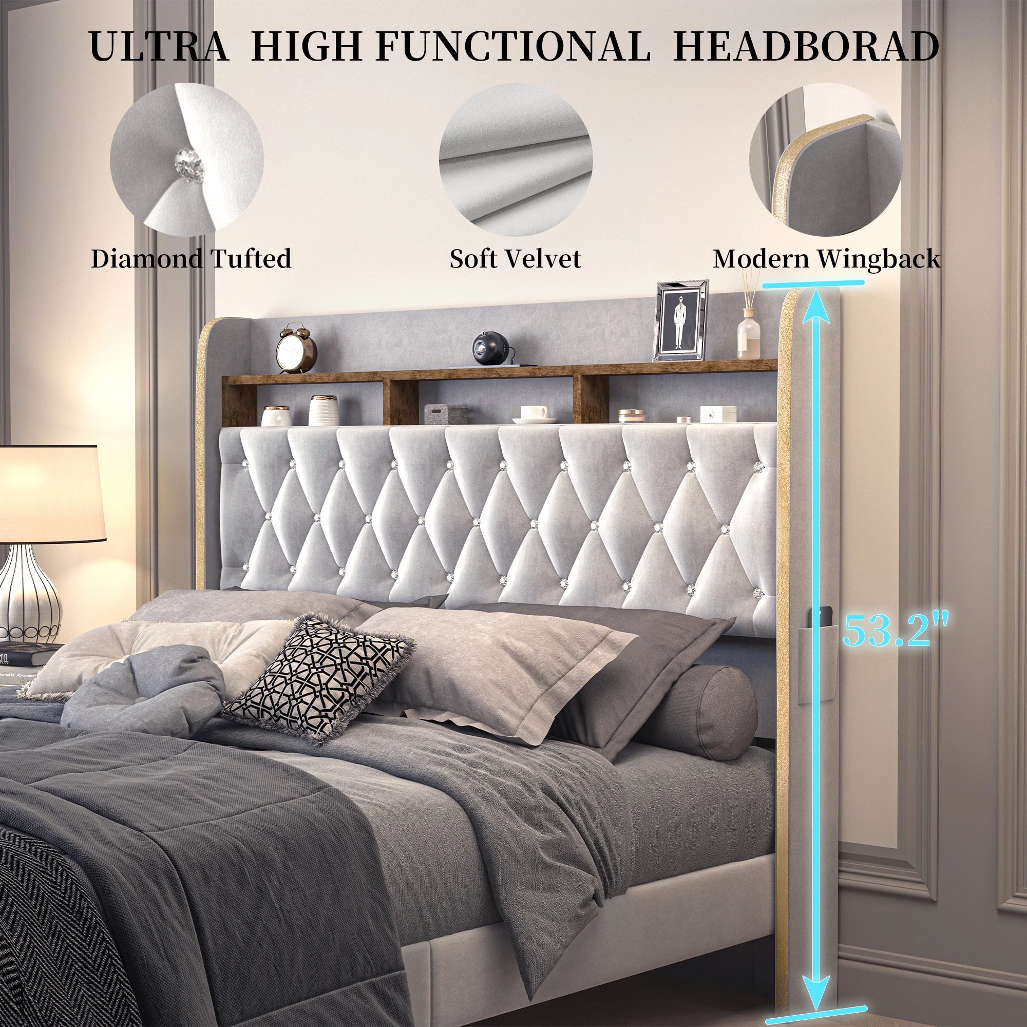 Queen LED Bed Frame with Storage, Star Projector, Charging Station, 2-Tier Headboard, PU Leather Bed