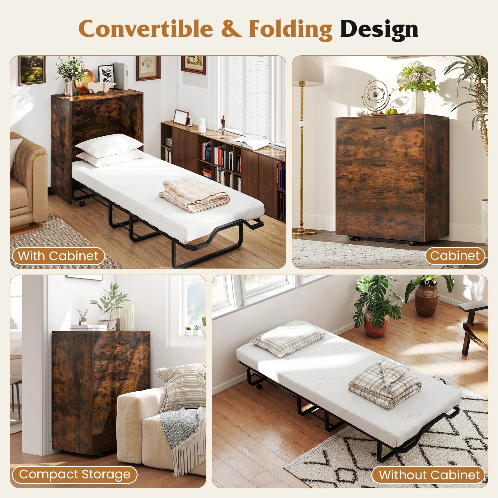 Cot Size Murphy Bed with Storage, Rolling Murphy Cabinet with Foldable Bed