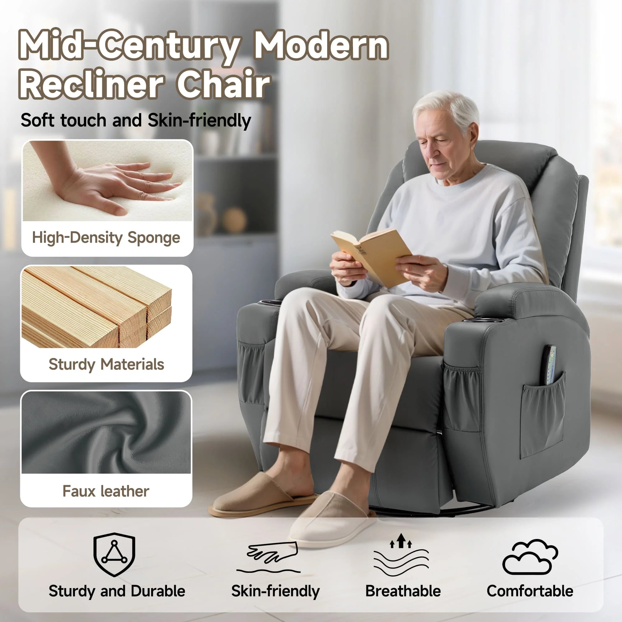 Recliner Chair with Massage and Heat, 360° Swivel Rocking Chairs for Adults, Remote Control and Cup Holder