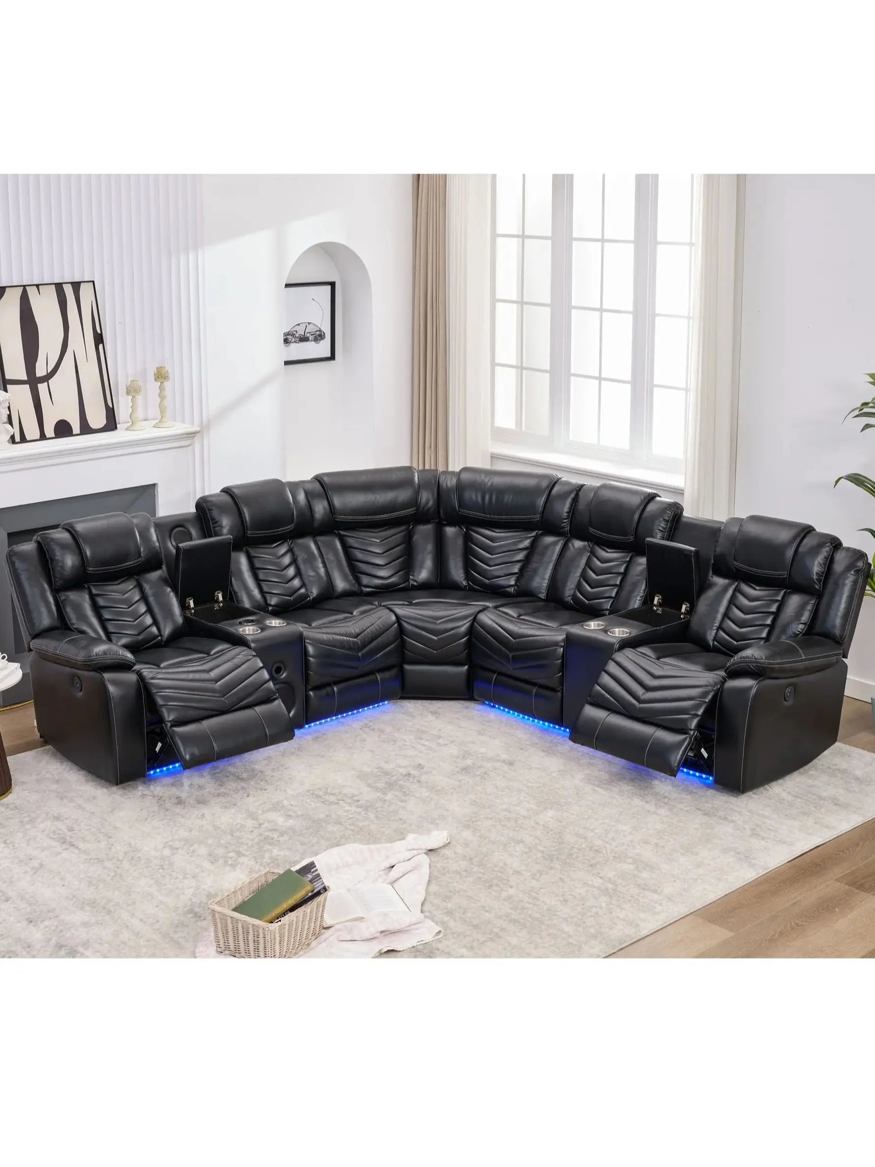 Electric Power Recliner Sectional Sofa With Bass Speakers & LED Lights – Faux Leather L-Shaped Corner Couches For Living Room