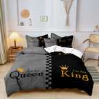 3Pcs King Queen Size Bedding Set Black Grey Gold Crown Duvet Cover Soft Microfiber Bed Set Couple Bed Linen (No Filler)