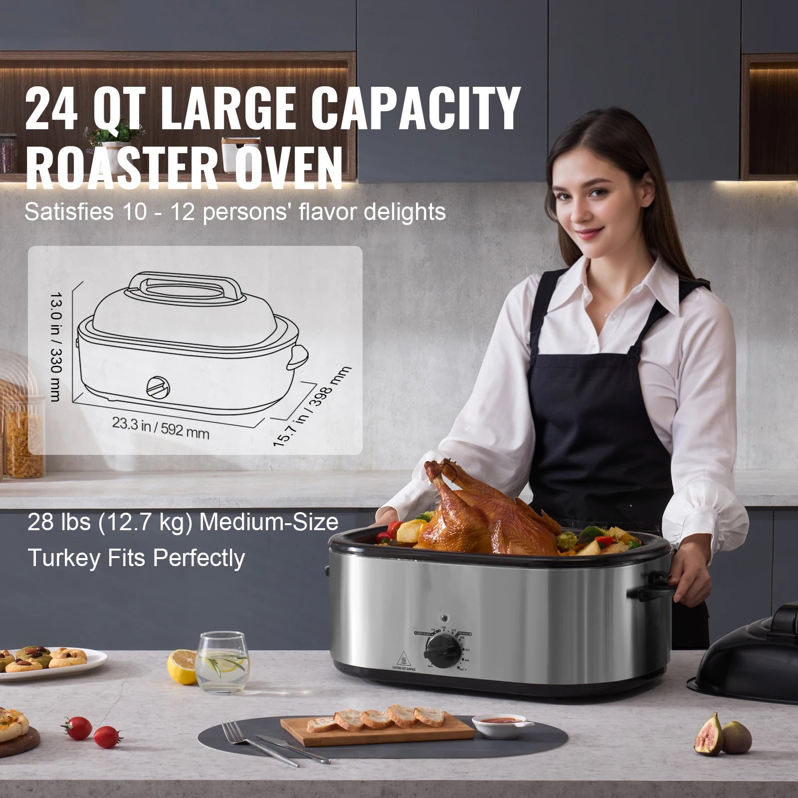 Electric Roaster Oven 24 QT Turkey Roaster Oven with Self-Basting Lid 1450W Roaster Oven Defrost&Warm Function Silver