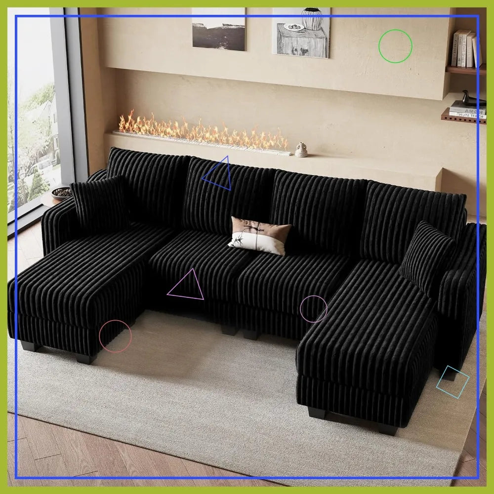 U-Shaped Sectional Sofa with Reversible Chaises & Ottomans, Corduroy Fabric