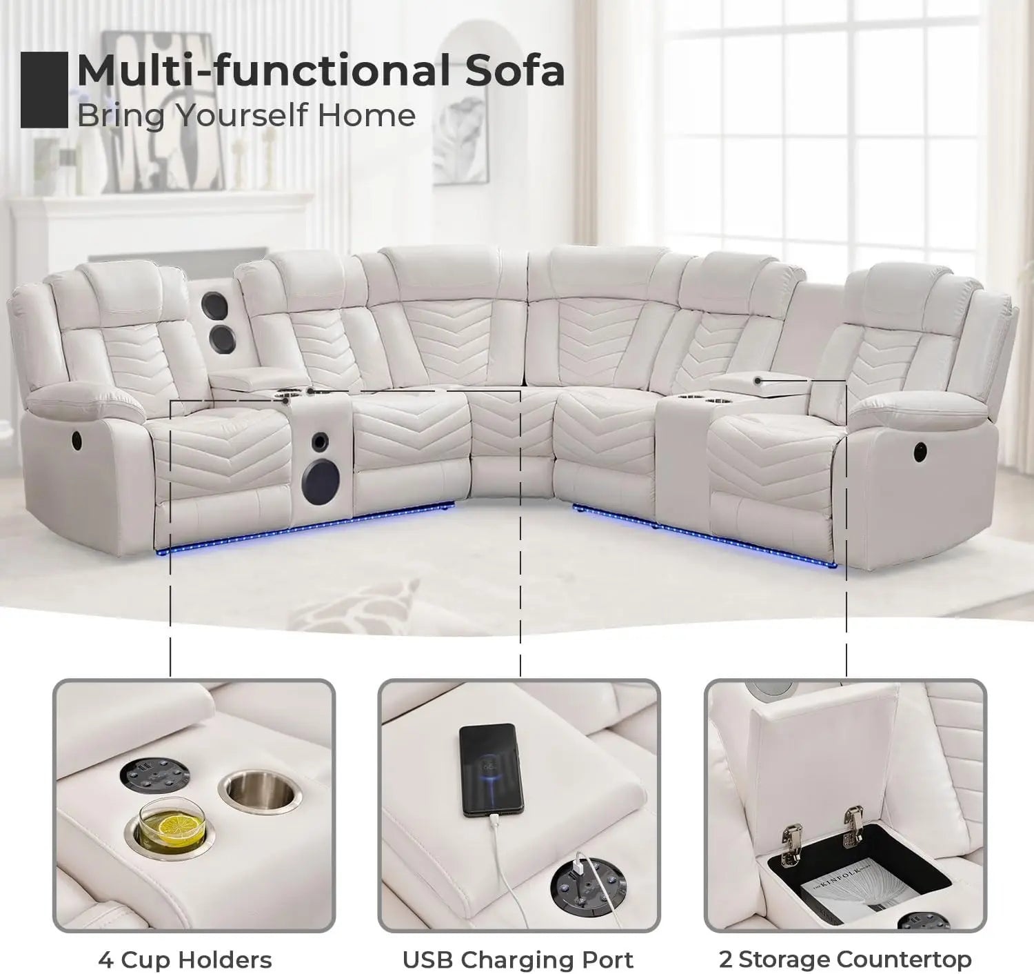 Electric Power Recliner Sectional Sofa With Bass Speakers & LED Lights – Faux Leather L-Shaped Corner Couches For Living Room