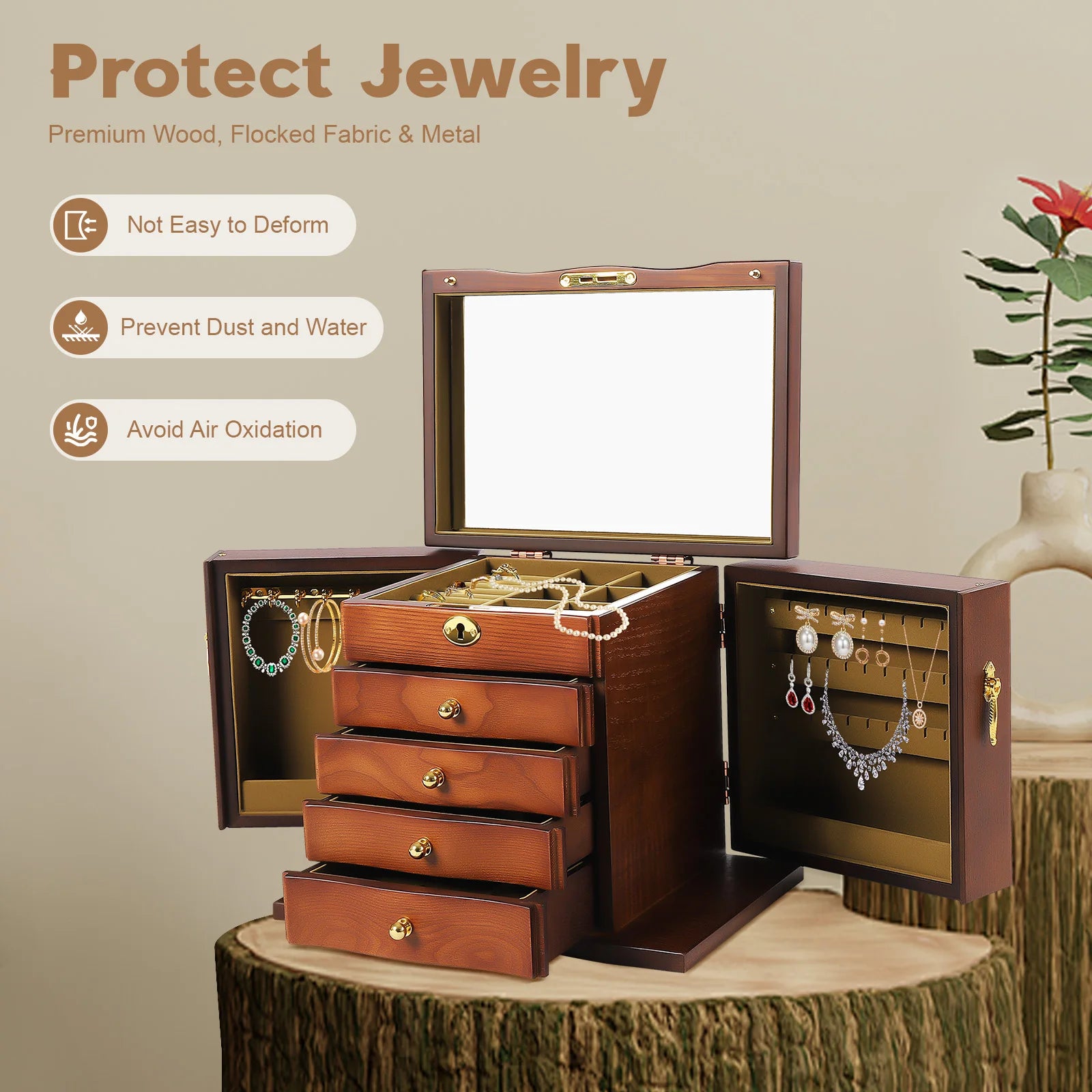Wooden Jewelry Box with Lock Retro Drawer Style Display