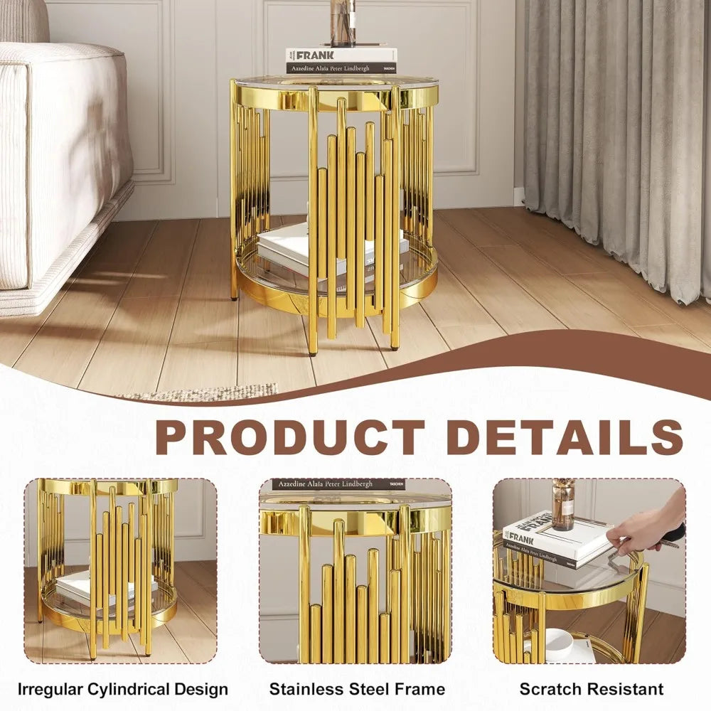 3 Piece Living Room Table Set with 1 Glass Coffee Table and 2 End Tables, 2 Tier Glass Coffee Table Set of 3 with Round Stainles