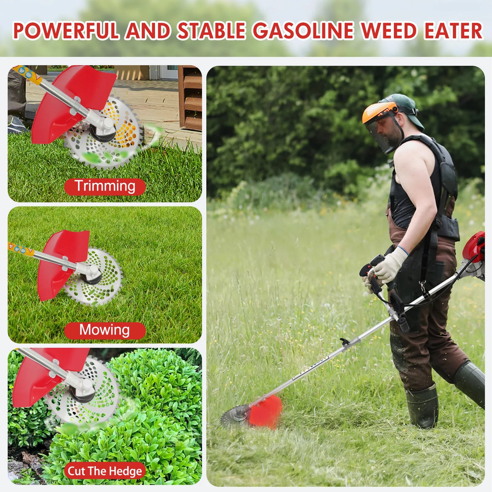 52cc  2-Stroke 4-in-1 Adjustable Straight Shaft Gas Power Weed Eater with 4 Trimmer Heads