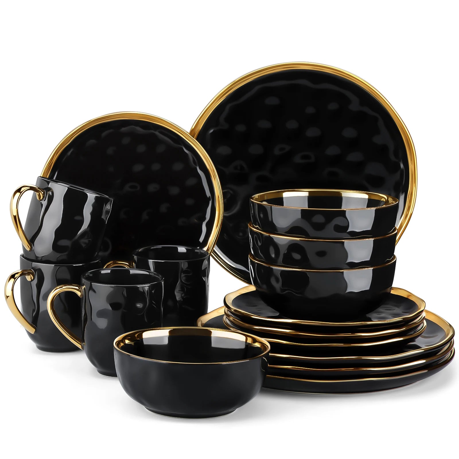 16/32 Piece Black Porcelain Dinnerware Set with Gold Trim