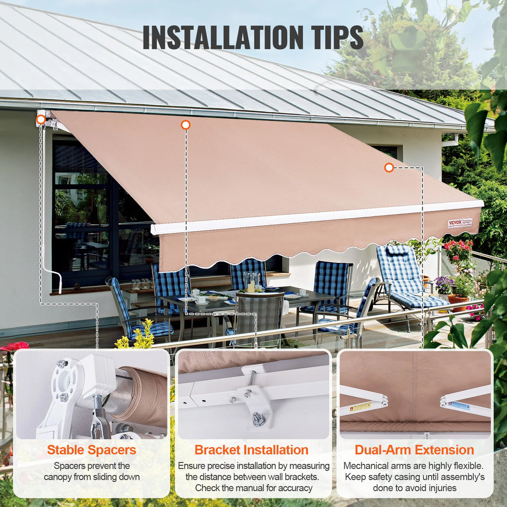 Manual Retractable Awning Outdoor Awning Retractable Sun Shade Water-Resistant Polyester Patio Door Window for Backyard