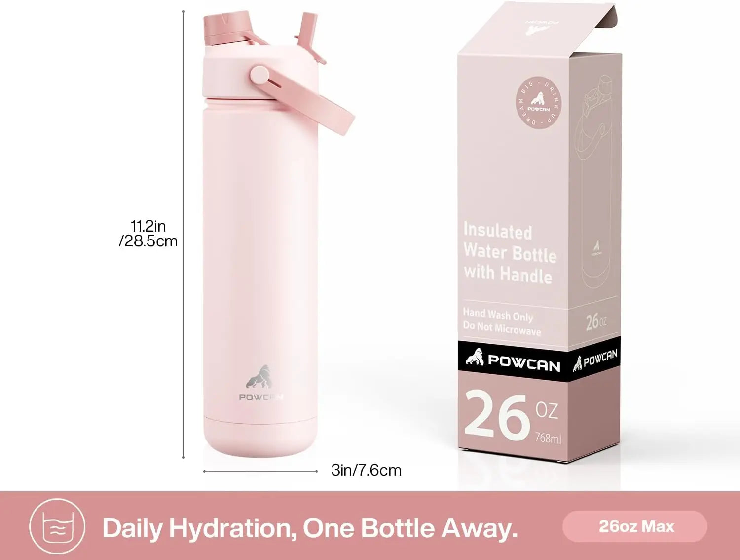 26oz Insulated Water Bottle, 2-in-1 Straw Spout Lid, 24H Cold, Leakproof, Car Cup Holder Fit, for Sports Travel School