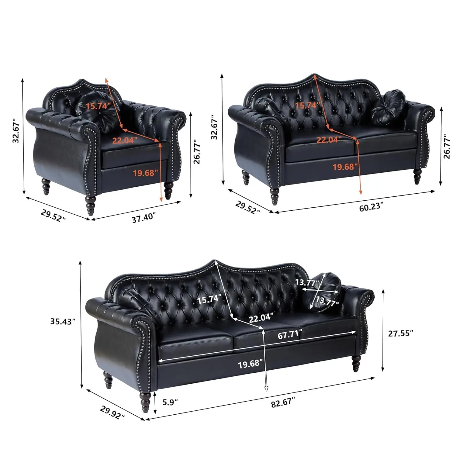 Mid-Century Modern PU Upholstered 2 Seater Sofa