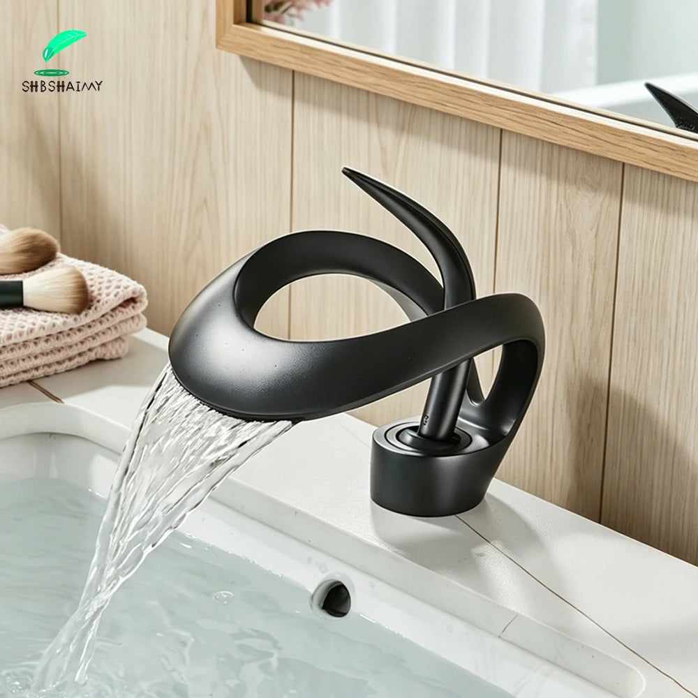 Waterfall Creative Bathroom Basin Faucet Sink Faucet Deck Mounted Hot Cold Water Mixer Crane Brass Body Single Hole Taps