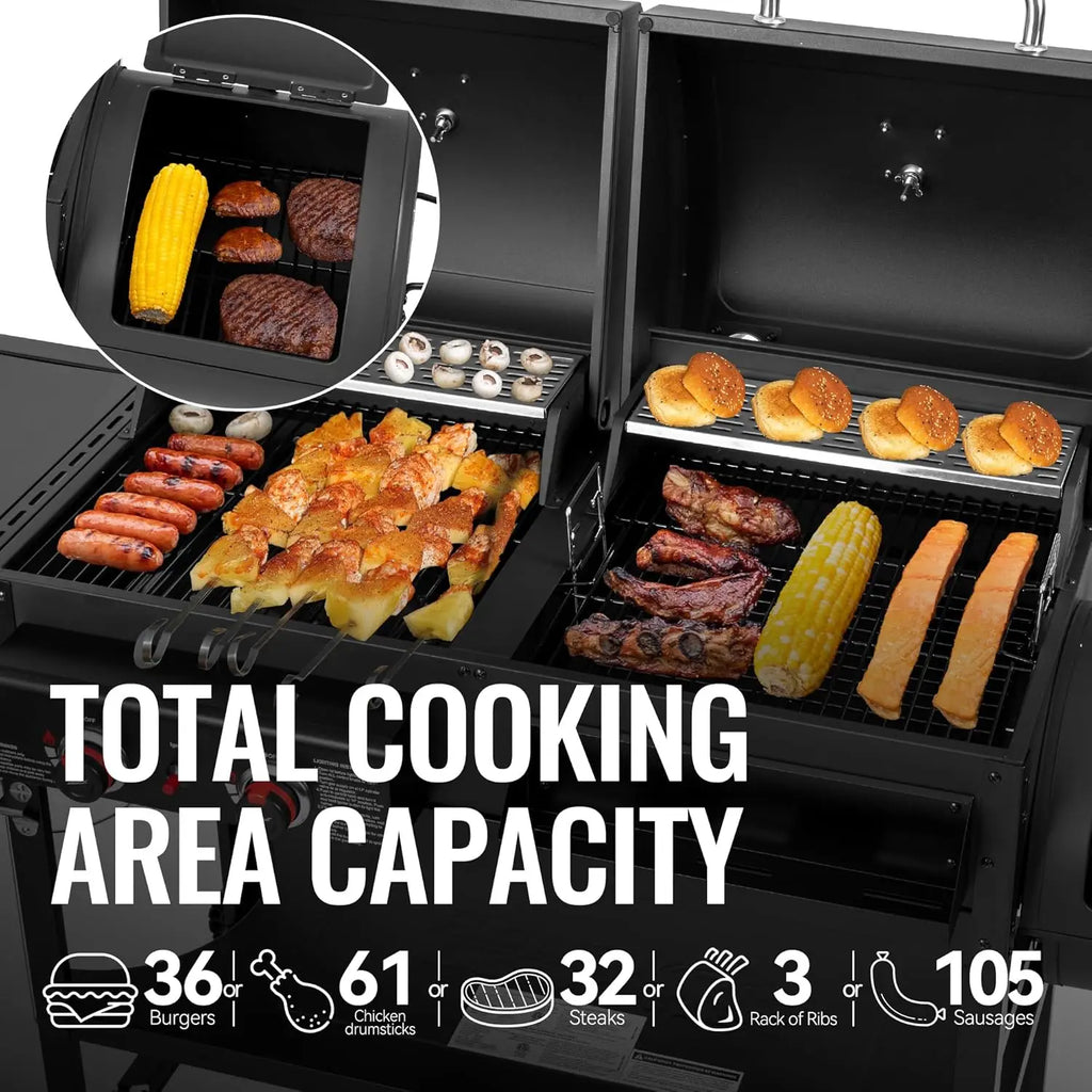 2-Burner Gas and Charcoal Combo Grill with Offset Smoker & Side Burner, 34,000 BTU Dual Fuel Grill, 1020 Sq. In.