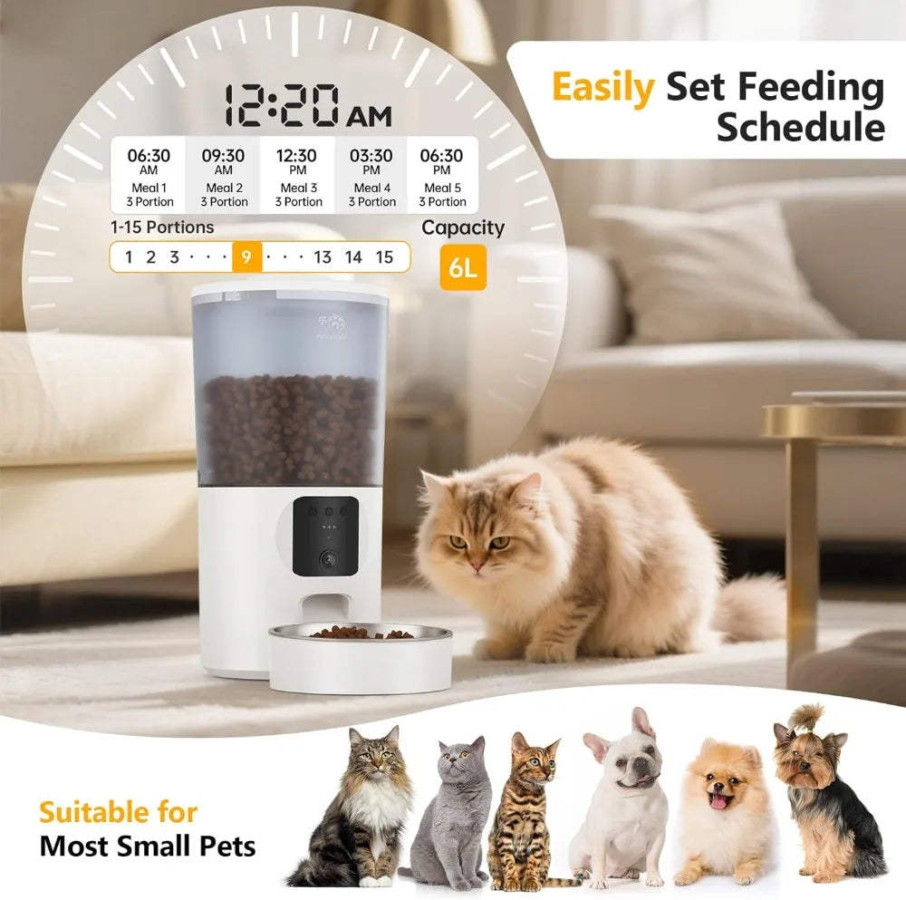 Smart Pet Feeder with Camera, Two-Way Audio, App Control, 6L Dry Food Dispenser for Cats and Small Dogs