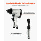 1 2" Air Impact Wrench and 3 8" Ratchet Wrench Set 19-Piece Professional Air Tool Kit with 10 CR-V Steel Impact Sockets