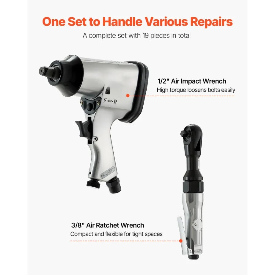 1 2" Air Impact Wrench and 3 8" Ratchet Wrench Set 19-Piece Professional Air Tool Kit with 10 CR-V Steel Impact Sockets