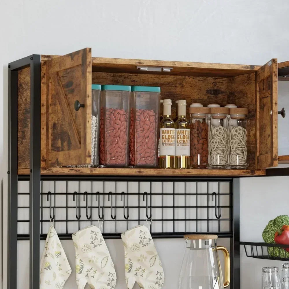 Bakers Rack with 2 Storage Cabinets and Power Outlet