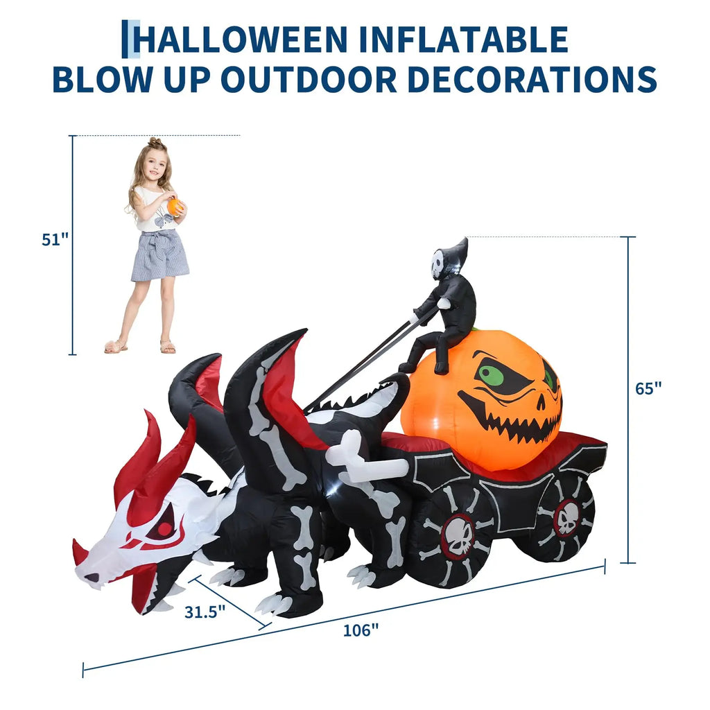12ft Grim Reaper Dragon Carriage Halloween Inflatable With 3 Led Lights, Outdoor Yard Decoration For Lawn Porch Garden Party Display