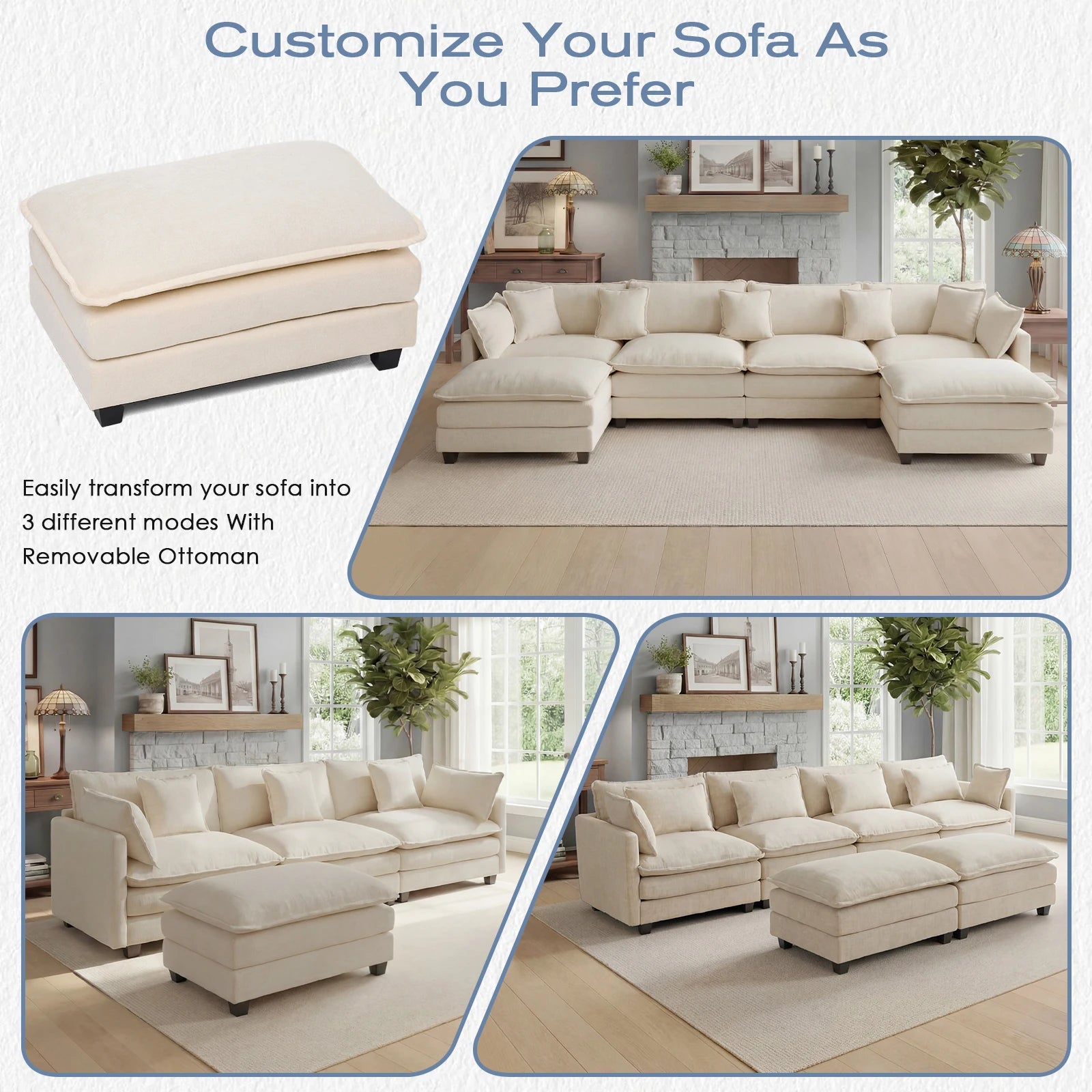 113.4" Modular Sectional Sofa with Ottoman, with Deep Seat (23.6" D)
