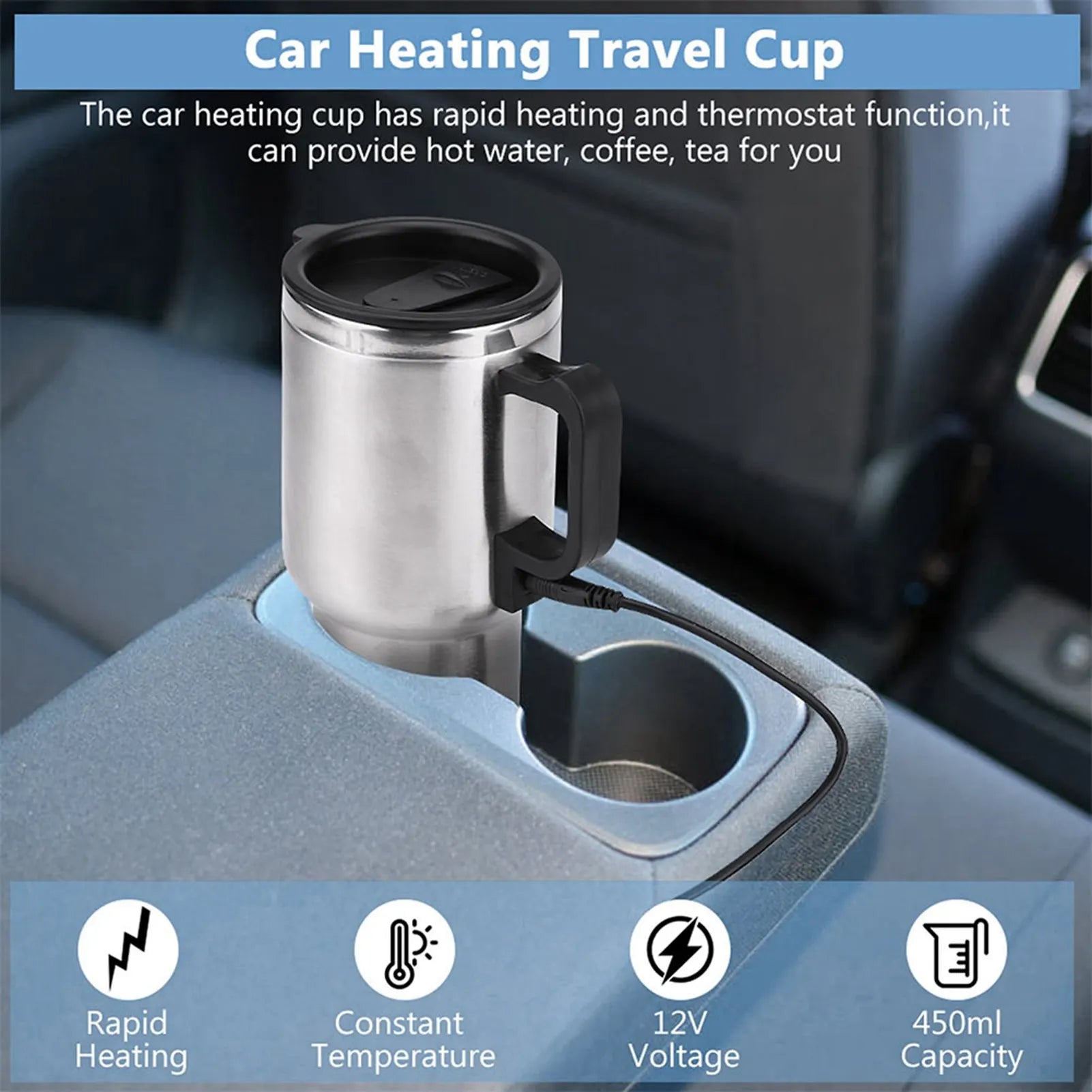 12V 450ml Electric Stainless Steel Travel Heating Coffee Cup