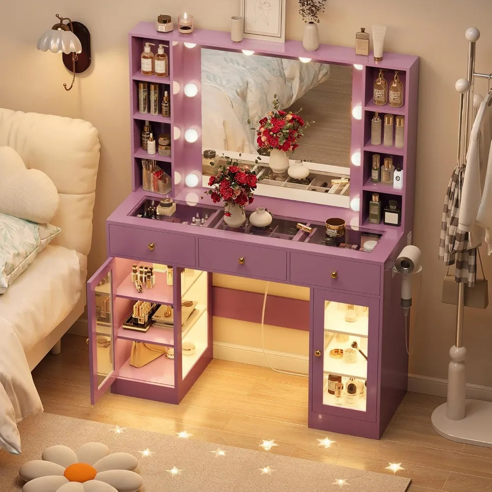 Glass Top Vanity with Lighted Mirror & RGB Glass Cabinet and 3 Drawers