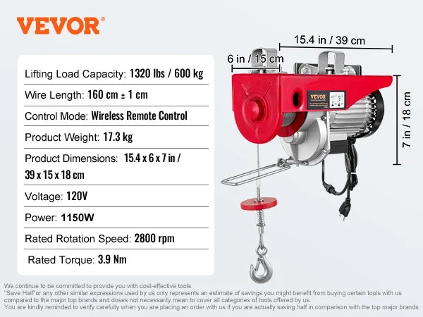 200-800kg Electric Hoist with Wired/Wireless Remote Control Lifting Crane Cable Hoist