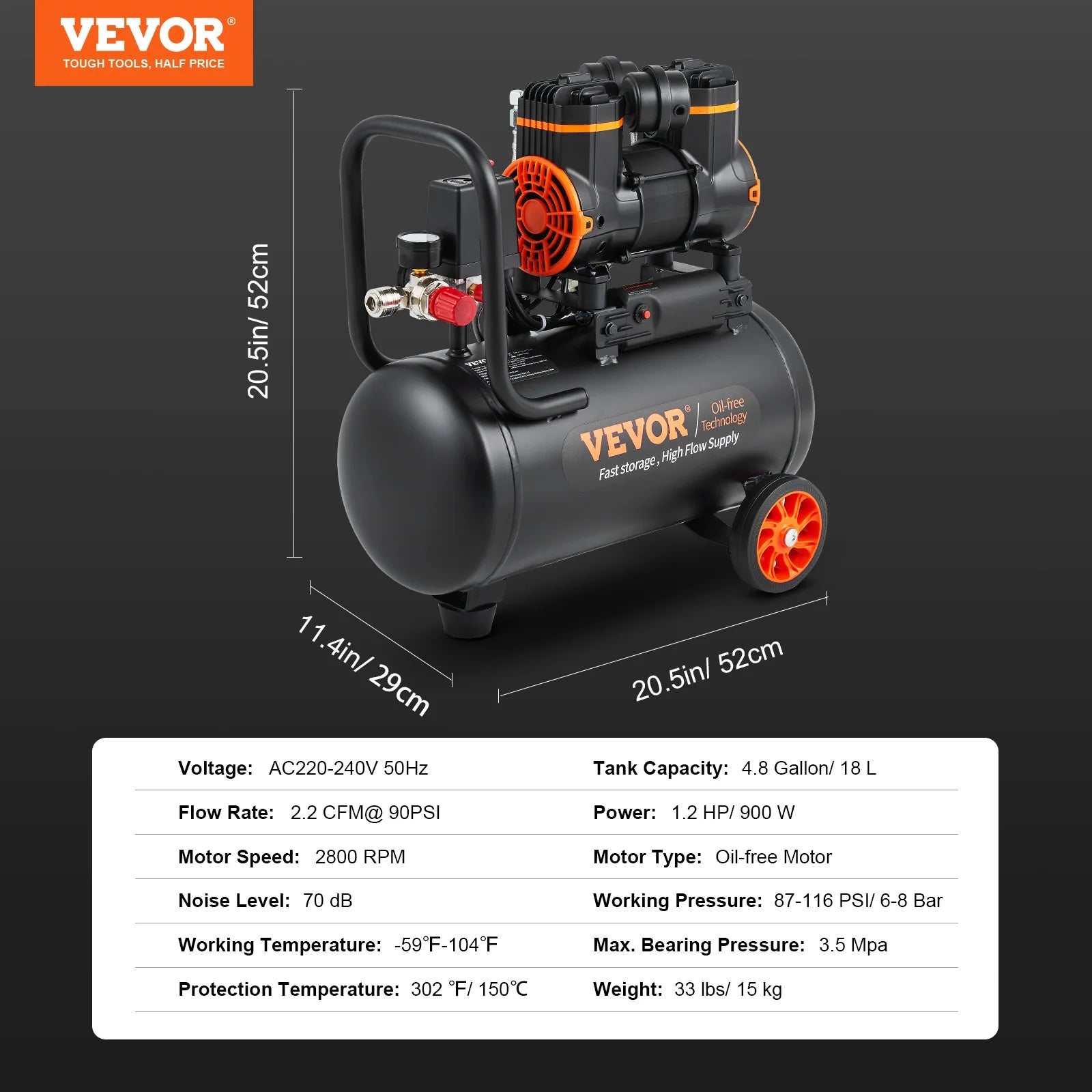 900W 1450W 1800W Quiet Oil-free Portable Air Compressor