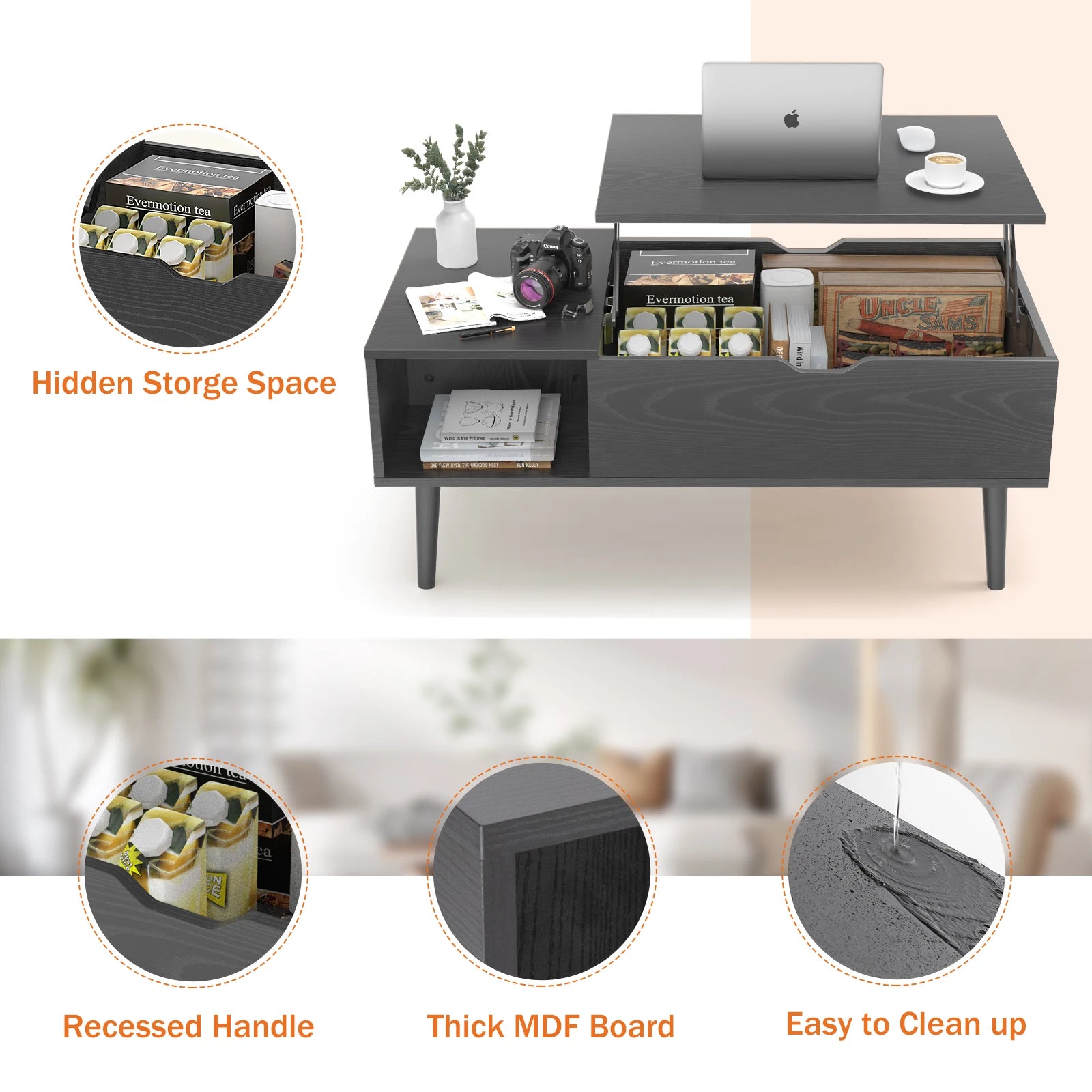 Lift Top Coffee Tables For Living Room 39.37"x19.7" Wood Dining Tables Adjustable Storage Shelf Easy Lift Or Lower
