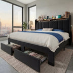 Bed Frame, 2 Storage Drawers/2-Tier Shelves with LED Lights & Charging Station, No Box Spring Need, Full/Queen/King