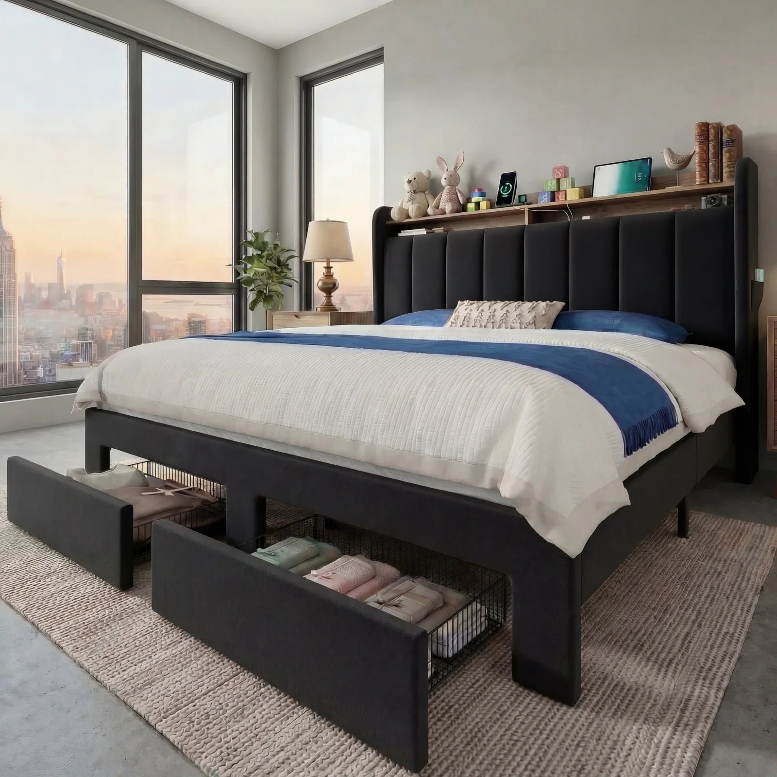 Bed Frame, 2 Storage Drawers/2-Tier Shelves with LED Lights & Charging Station, No Box Spring Need, Full/Queen/King