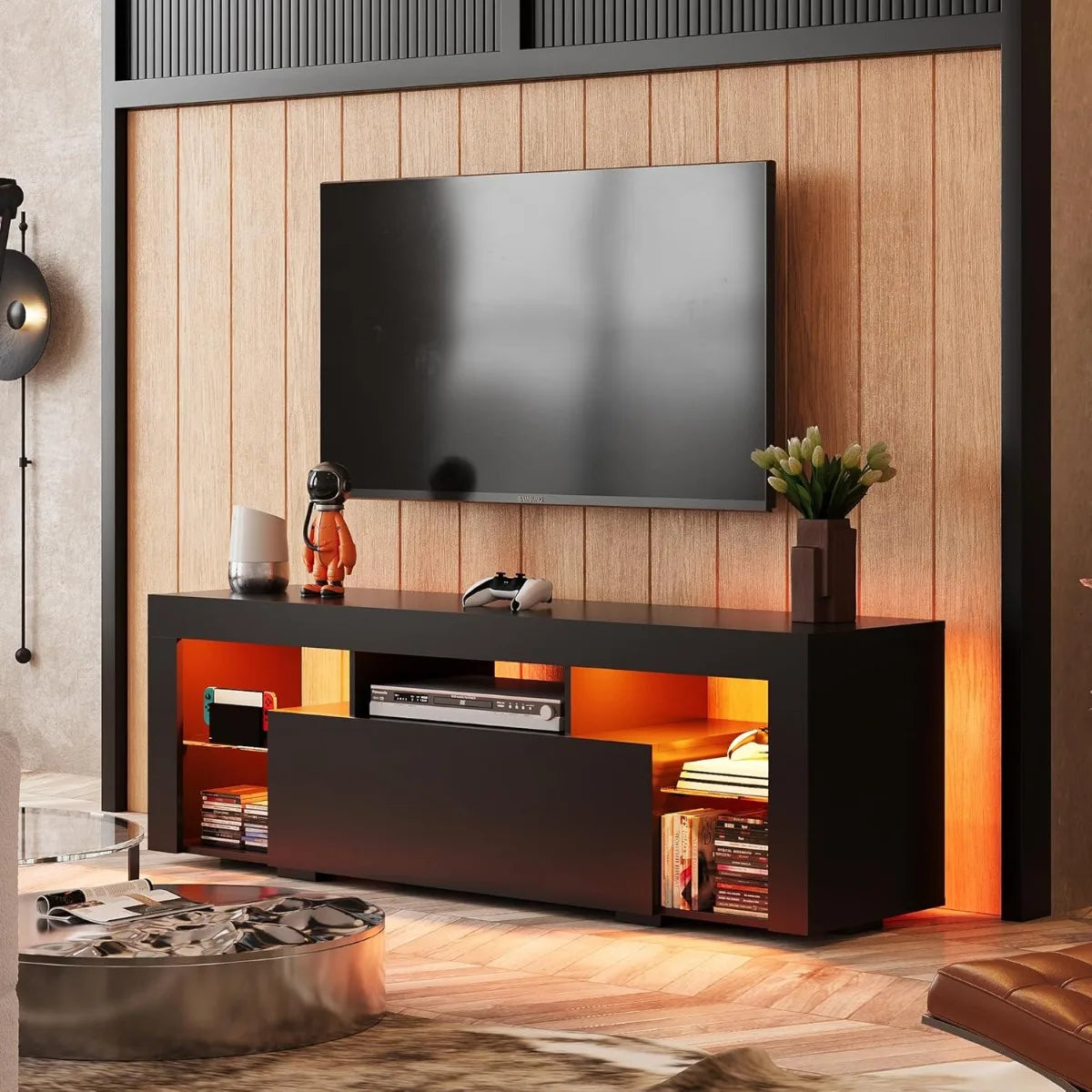 Modern Entertainment Center for 32-60 Inch TVs, LED Lights & 2 Drawers
