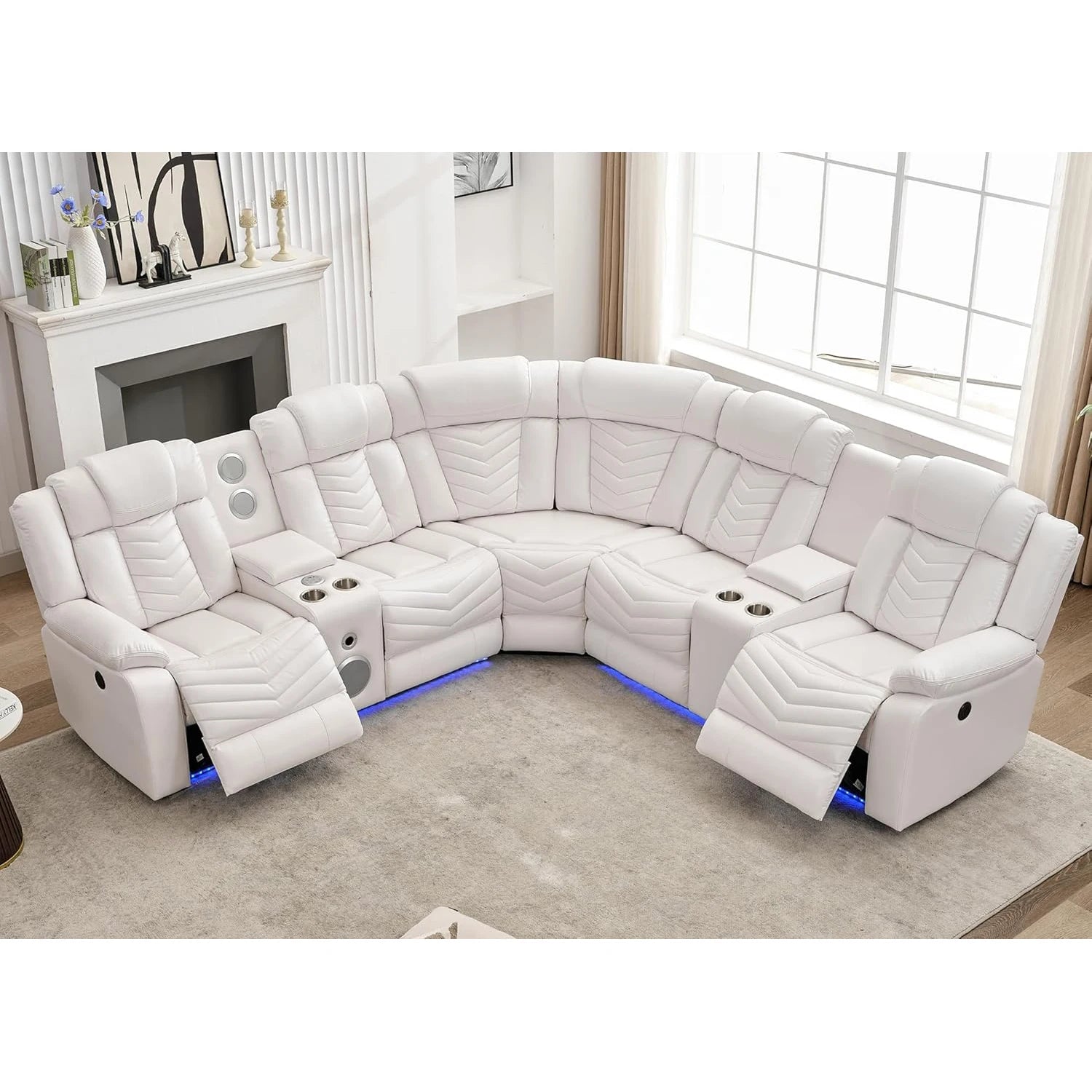 Electric Power Recliner Sectional Sofa With Bass Speakers & LED Lights – Faux Leather L-Shaped Corner Couches For Living Room