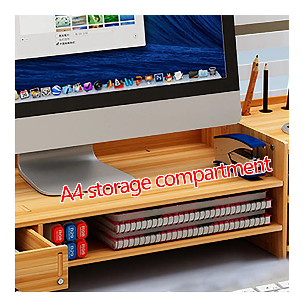Wooden Desk Organizer Home Office Monitor Stand Riser with Lockable Drawer and Cable Management